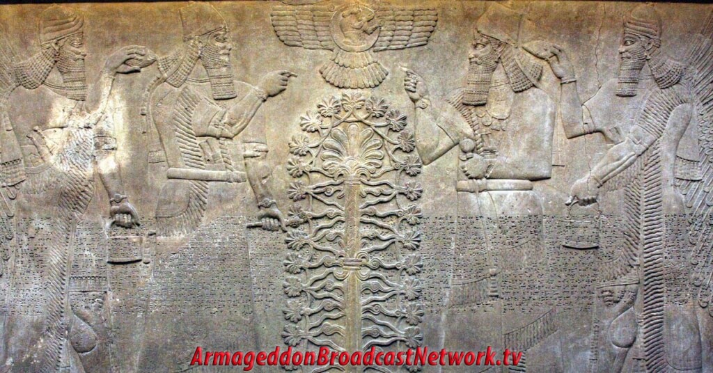 Annunaki Aliens, the Gods, circled around the Tree of Life with the Winged Disk image overhead.