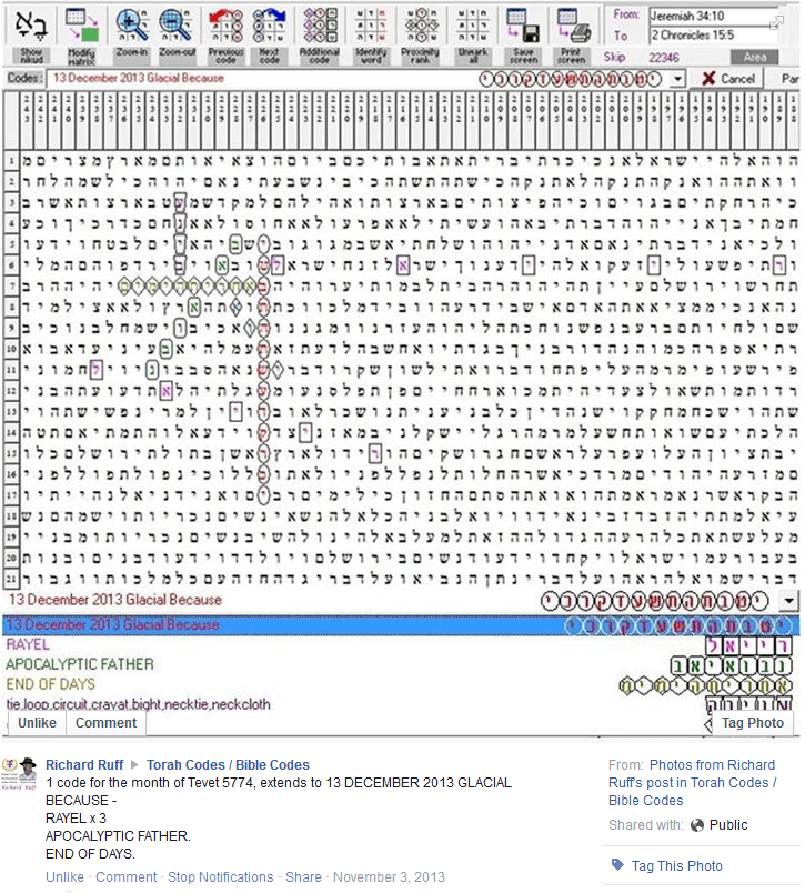 Torah Code - Main Search Term: 13 December 2013 Glacial Because Terms: Rayel | Apocalyptic Father | End of Days | tie, loop, circuit, bight, nicktie, neckcloth | optical