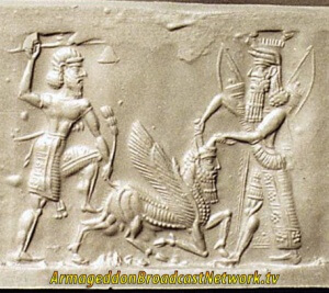 Gilgamesh and Enkidu subduing the "Great Bull of Heaven" - Gilgamesh Cylinder seal Assyria circa 7th century BC